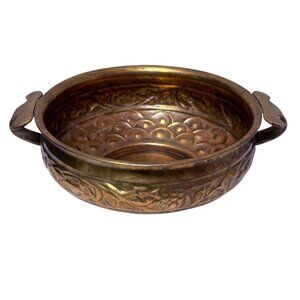 Hammered Metal Bowl with handles 8.75" Round Boho Rustic Decor Brass Tone